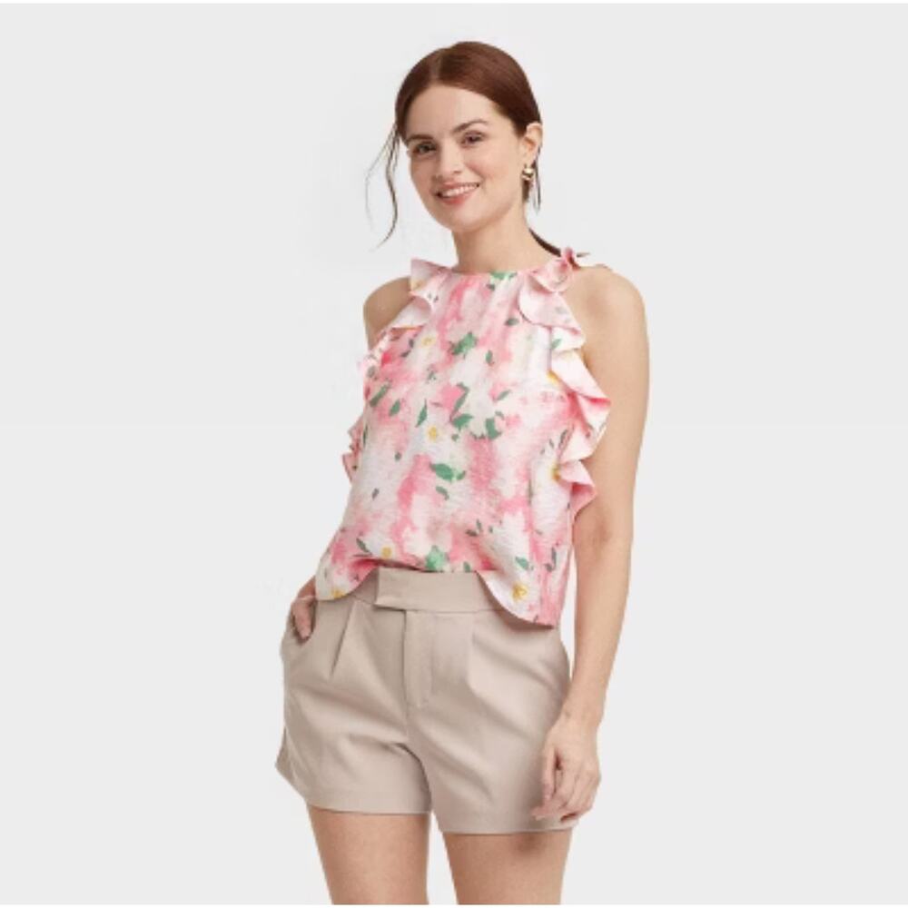 A New Day Pink Floral Print Ruffle Tank Top